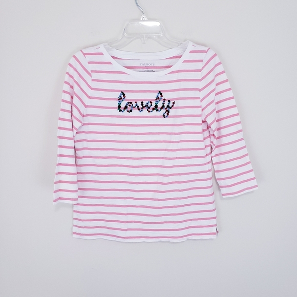 Talbots White Pink Cotton Lovely Floral Embroidery Stripe Tee Top Cruise MP - Picture 5 of 7